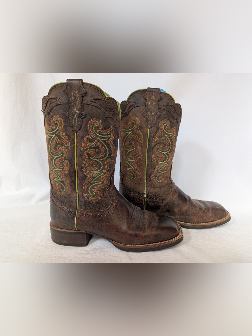 Justin Boots Brown Leather Western Boots with Green Trim and Orange Stitching